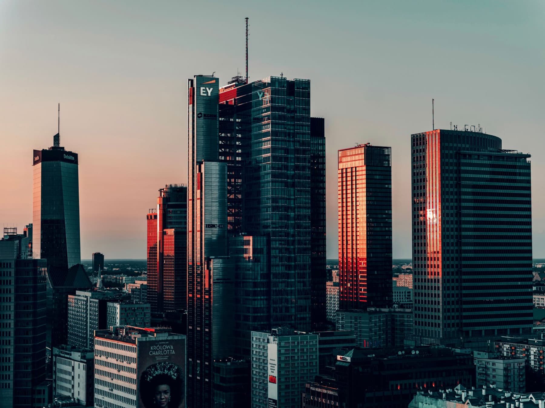 A city business district at dusk