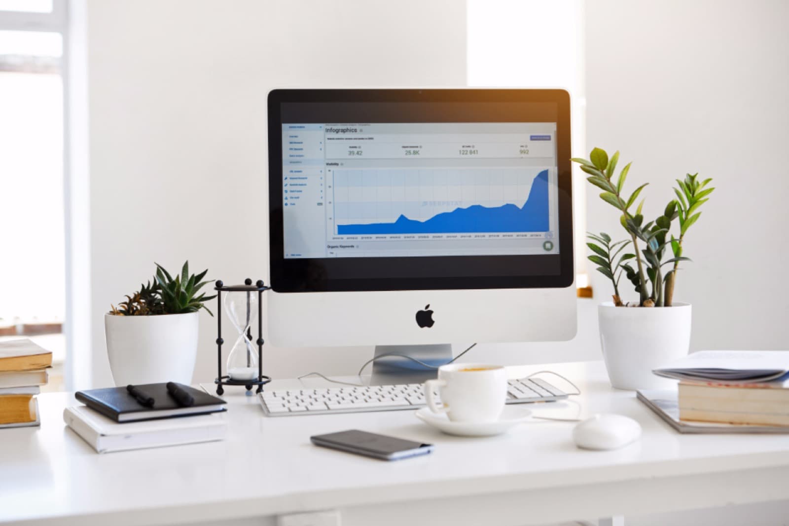 An analytics dashboard showing search visibility climbing